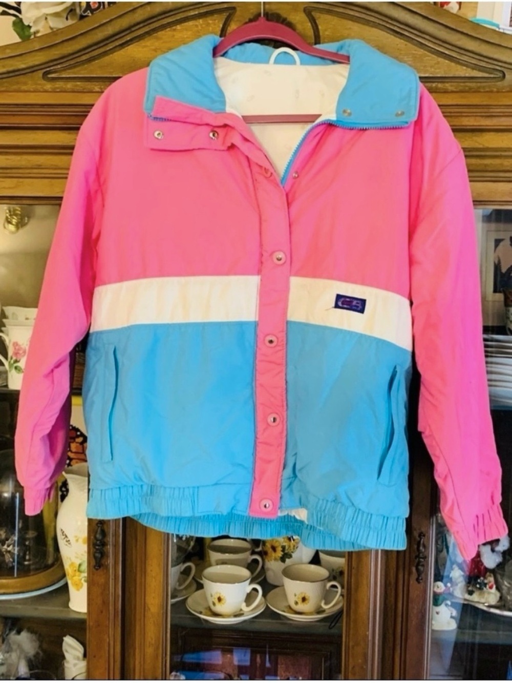 Vintage Pink & Blue Colorblock Ski Jacket with White Stripe